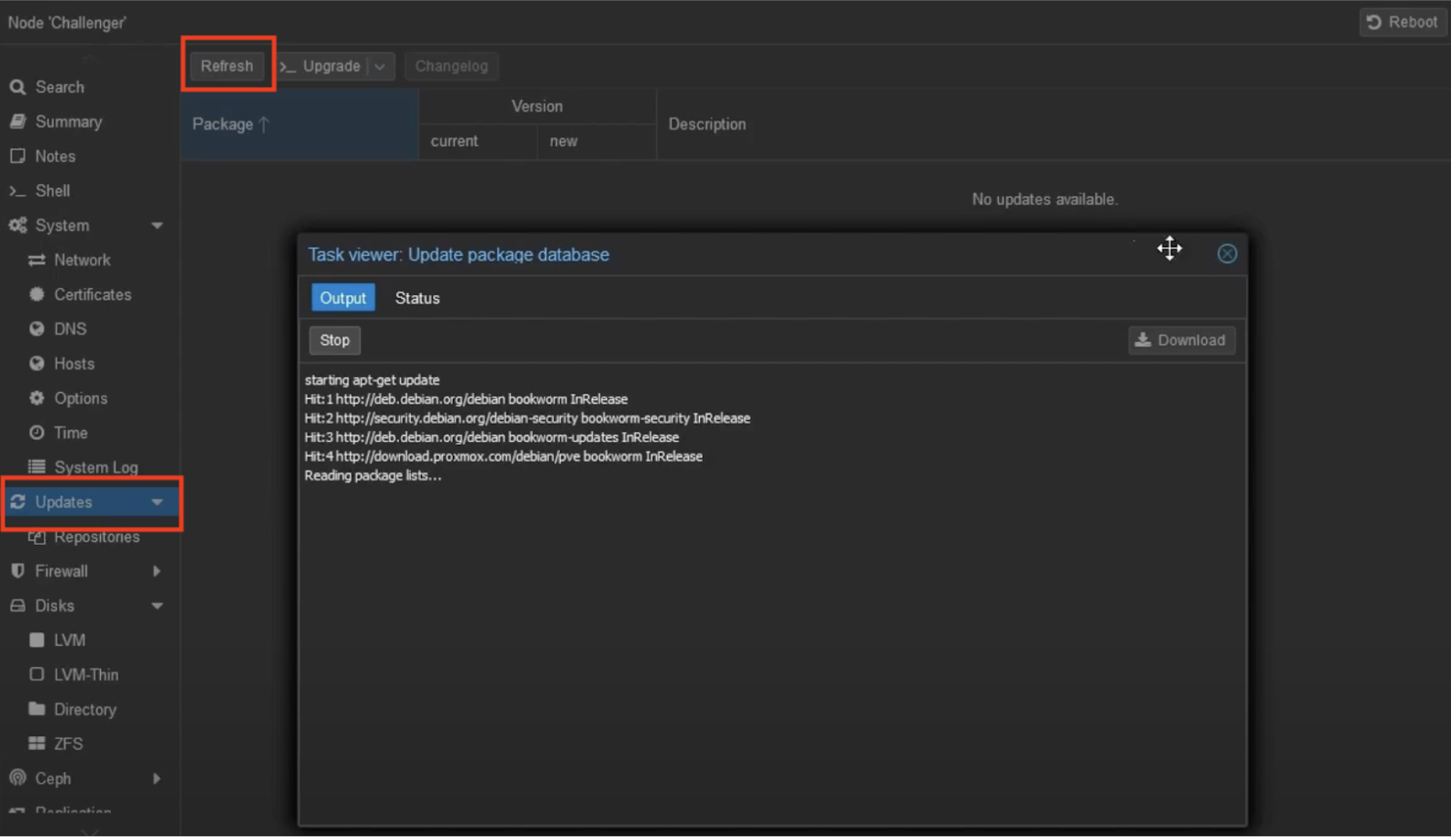 screen showing how to update package database in Proxmox